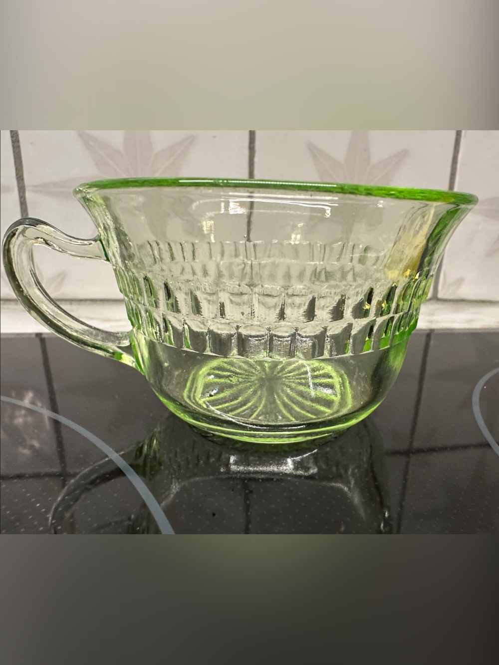 Anchor Hocking Uranium Green Depression Glass Roulette Pattern Tea Cup